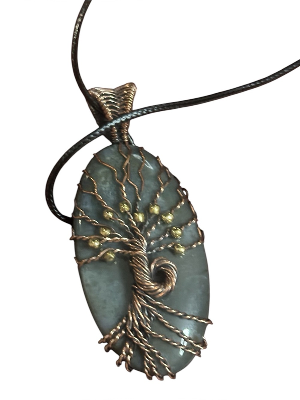 Tree of Life Pendant Necklace in Green Stone and Gold Wire